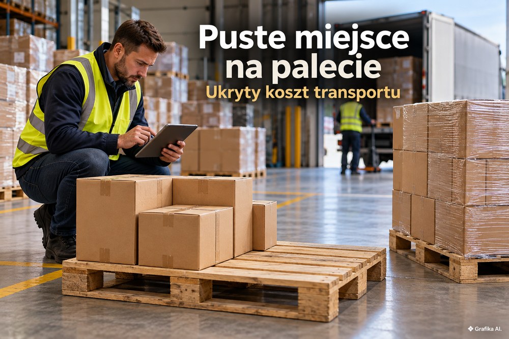Logistyk analizuje niewykorzystaną powierzchnię palety z kartonami – grafika AI.