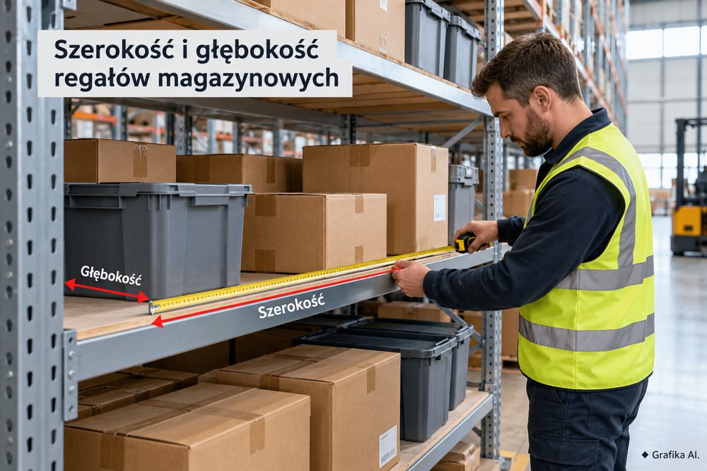 Pomiar szerokości i głębokości regałów do pojemników i kartonów